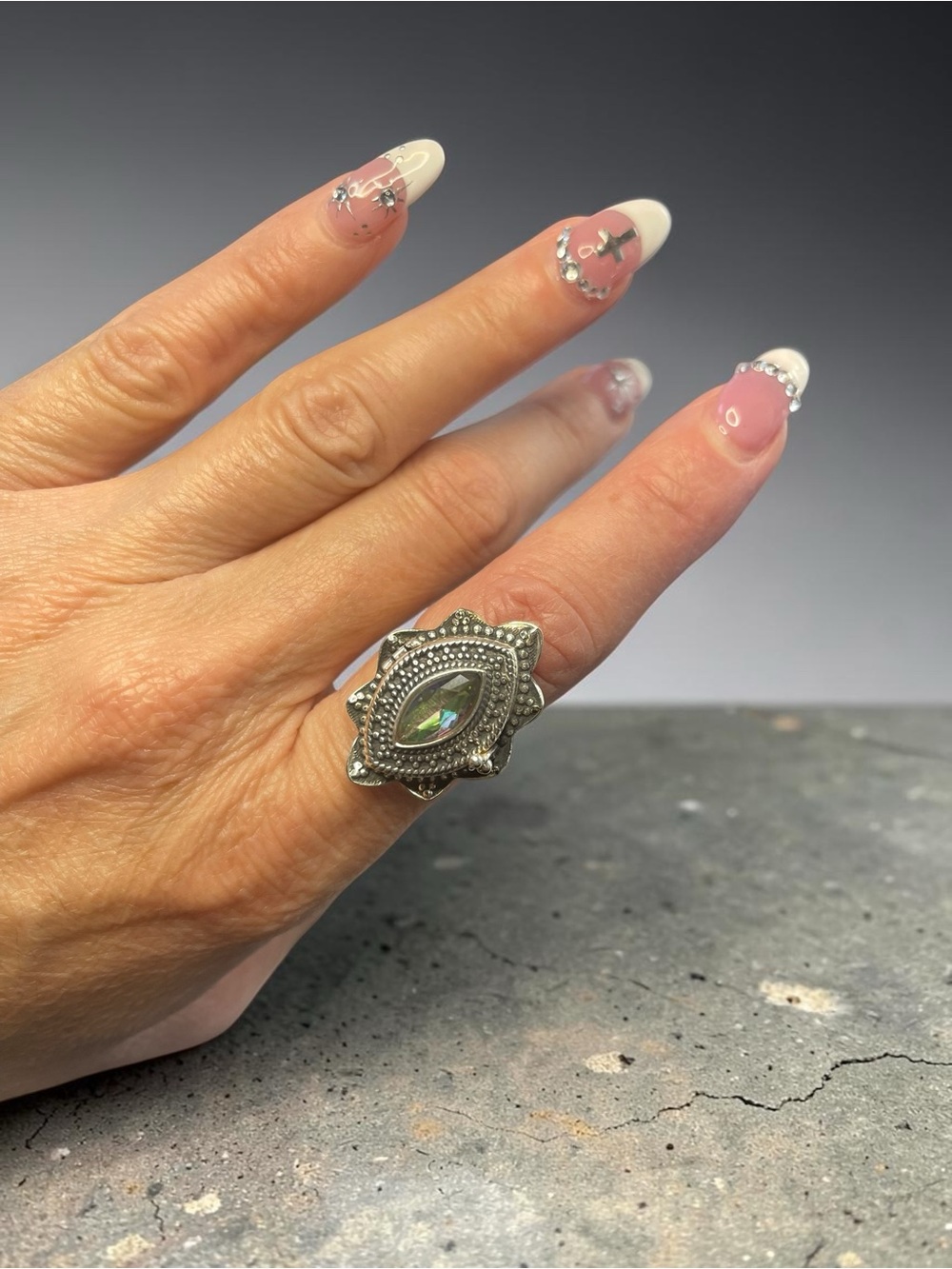 Sterling Silver Mystic Quartz Marquise Poison Locket Ring Size 7